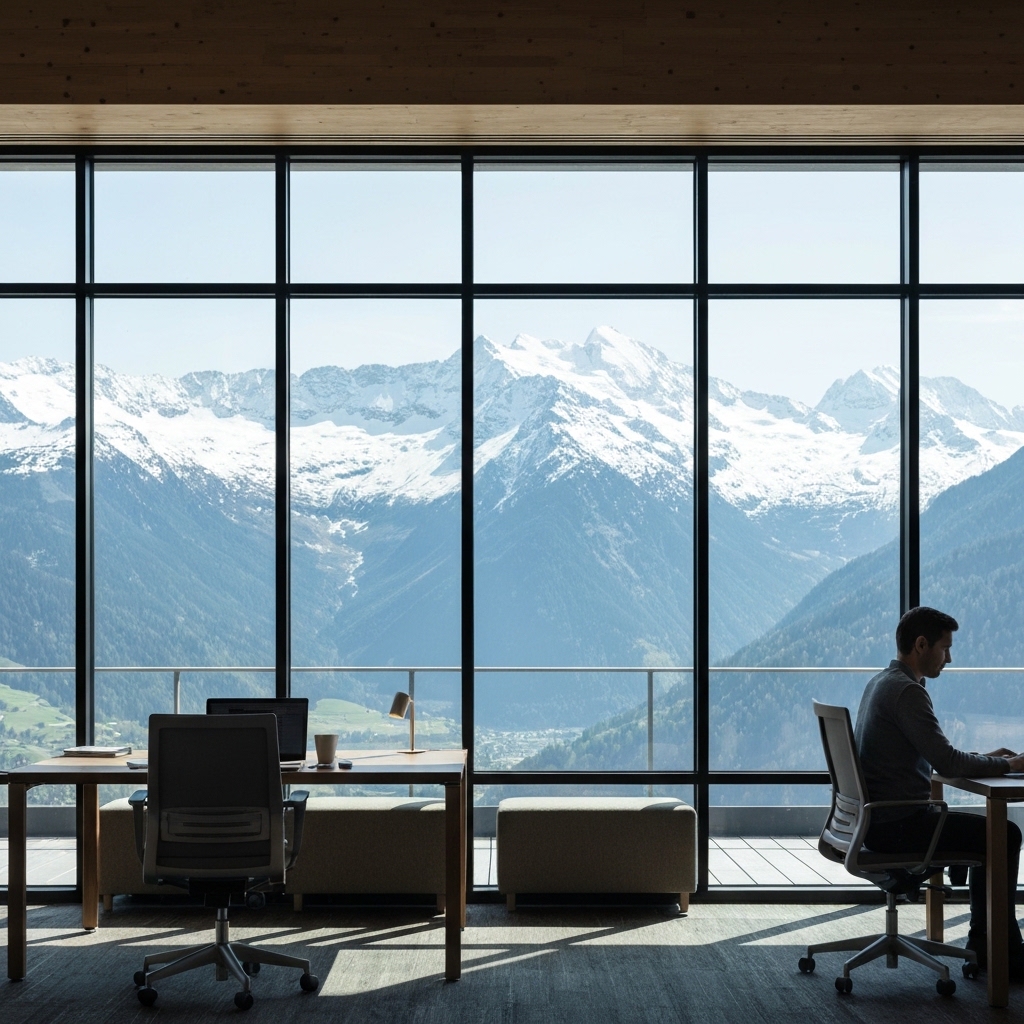 Bureau de coworking montagne à Verbier avec vue splendide sur les Alpes enneigées, idéal pour télétravailler.