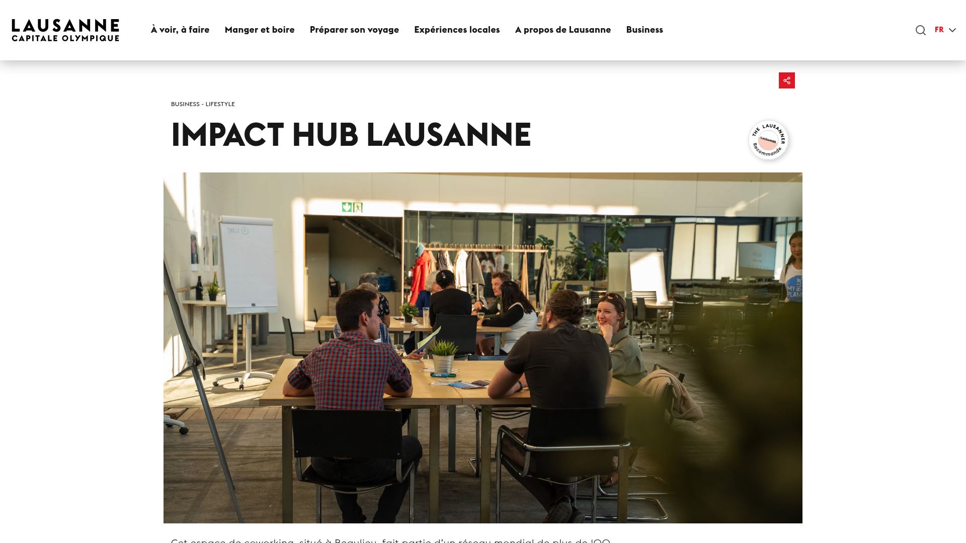 Screenshot of Impact Hub Lausanne website showing their coworking space and community events