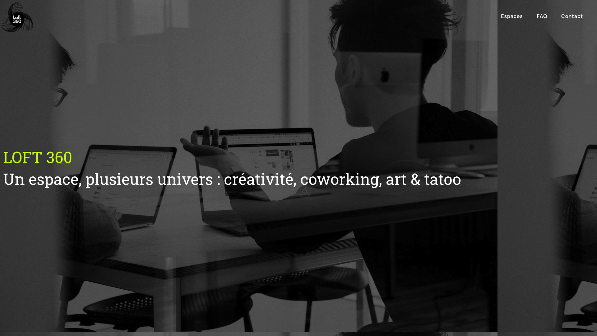 Homepage snippet of Loft360 in Lausanne showing their diverse creative services and vibrant workspace layout.