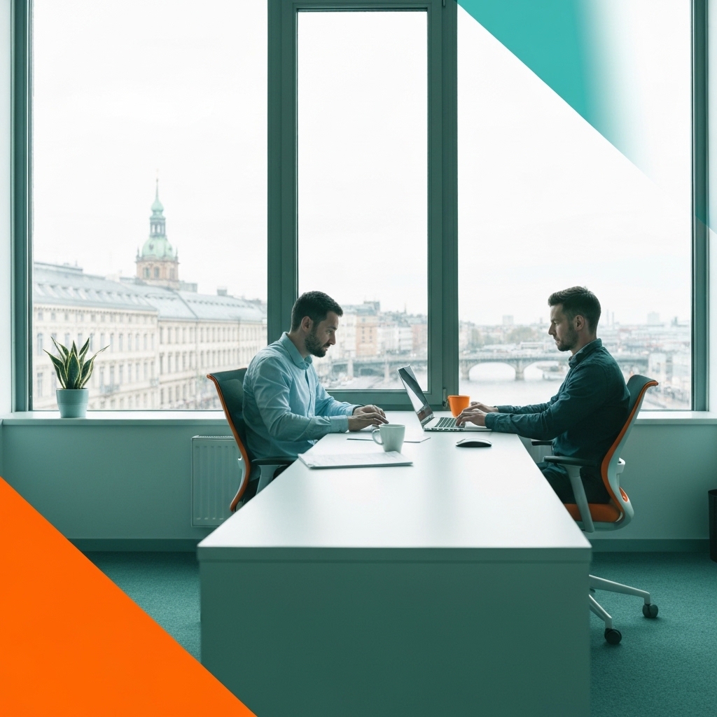 Modern professional working on laptop in bright coworking space with large windows overlooking train station and city buildings