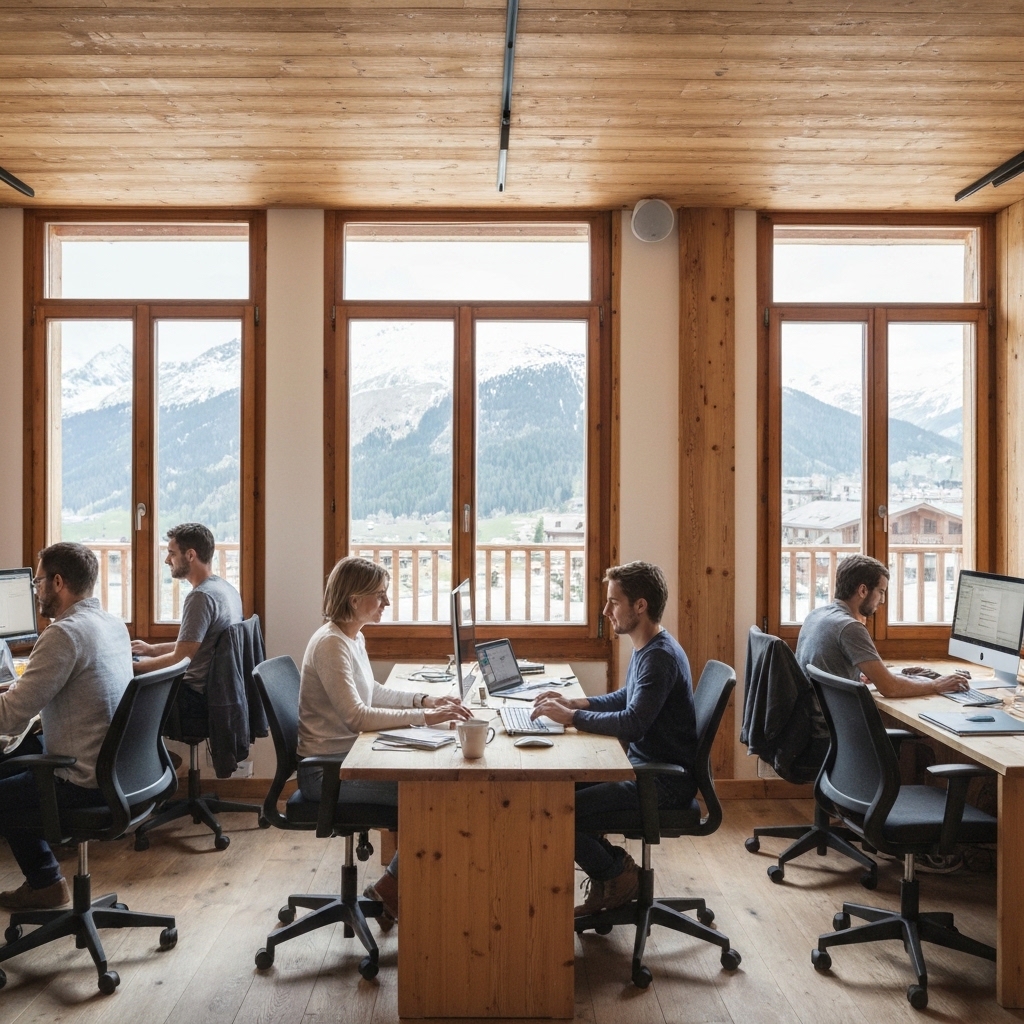 Modern coworking workspace with large windows overlooking snowy mountain peaks in Verbier, professionals working on laptops at wooden desks, natural daylight flooding the room, alpine atmosphere, contemporary furniture blending with mountain chalet aesthetic
