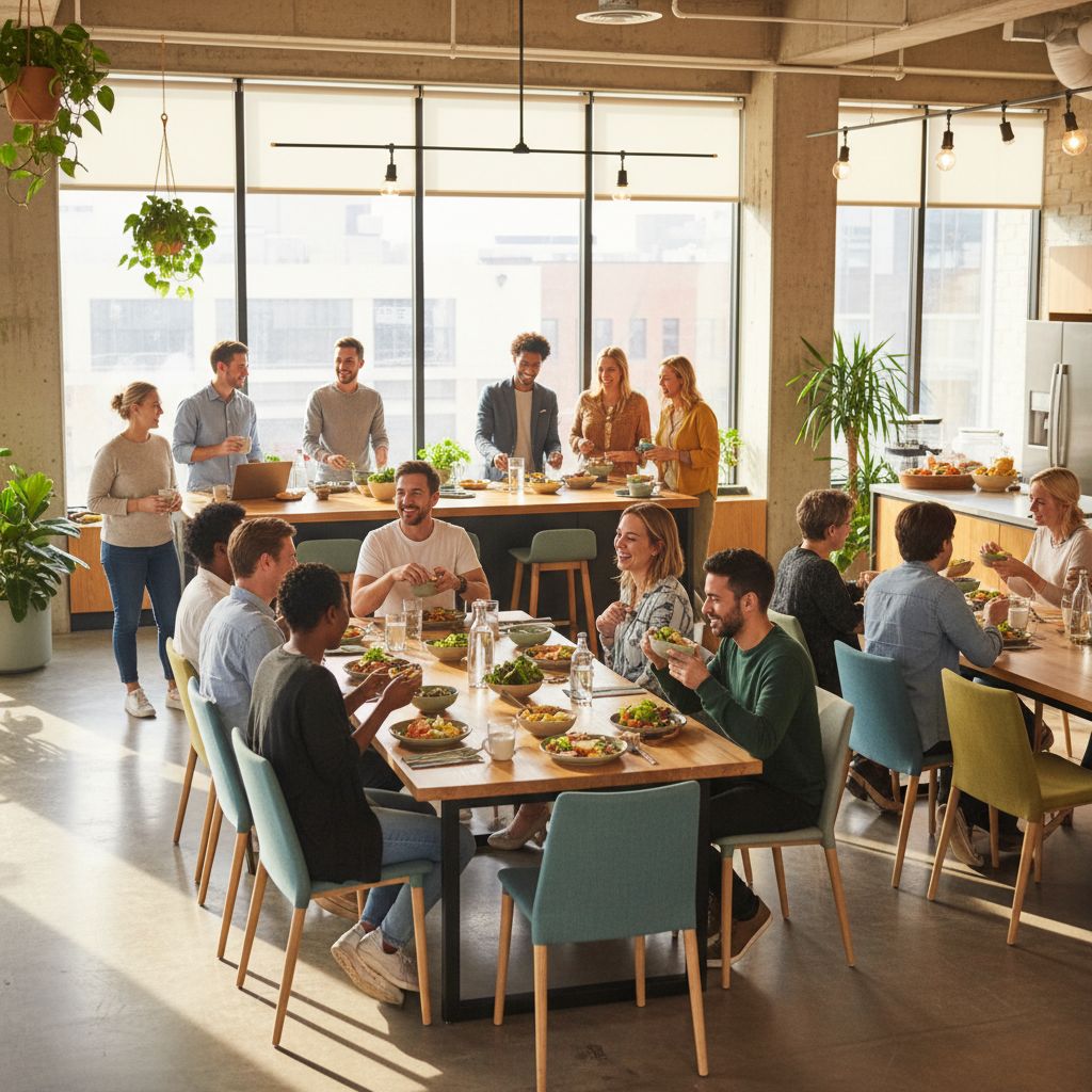 Un groupe de professionnels diversifiés déjeunant ensemble dans un espace de restauration lumineux et convivial au sein du coworking, illustrant l