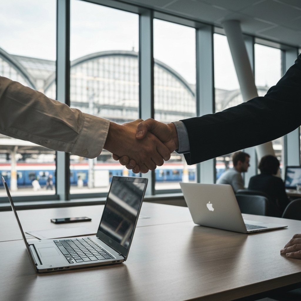 Professional handshake in a modern, bright coworking meeting room near a train station window