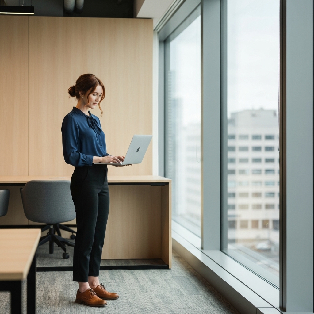 Professional working on a laptop in a modern coworking space near a large window with city view, bright and energetic atmosphere