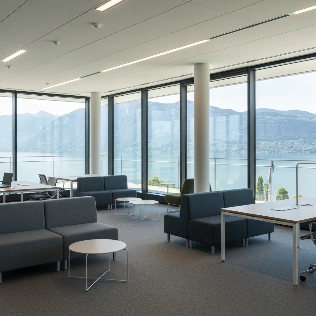 Modern bright coworking space interior with large windows overlooking Lake Geneva and the Alps, professional atmosphere