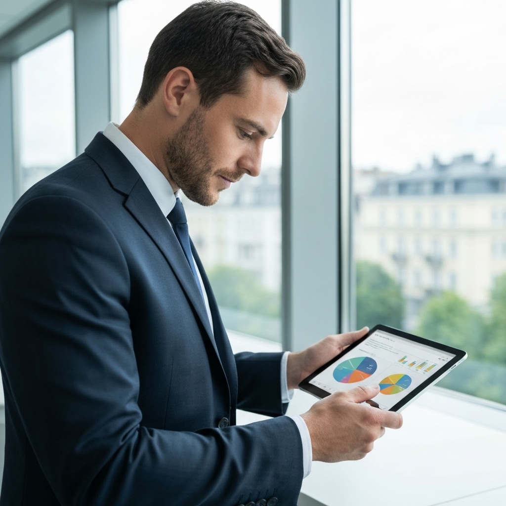 Professional entrepreneur analyzing office rental costs in Lausanne with a comparative chart on a tablet, modern office background