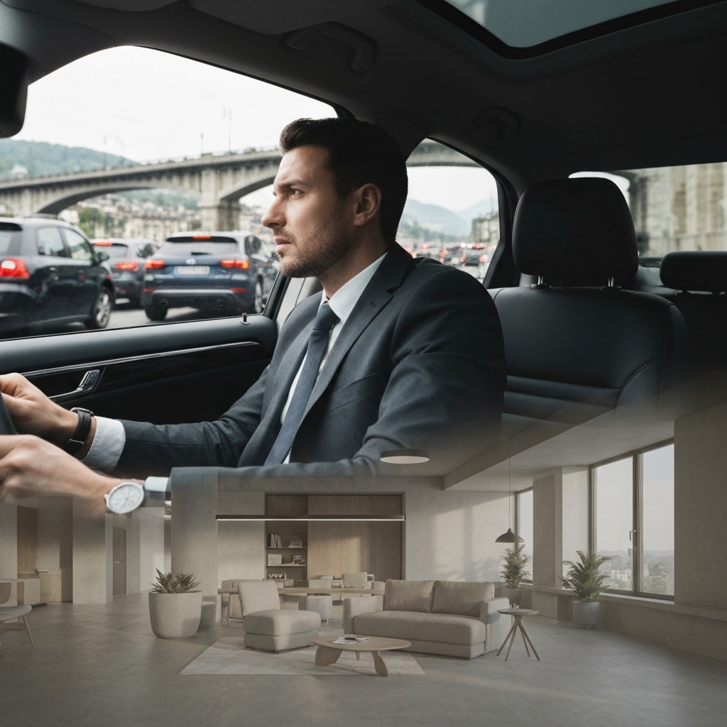 A frustrated professional sitting in a modern car stuck in traffic with a view of Lausanne iconic bridge or cathedral in the background, contrasting with a serene coworking space image overlay