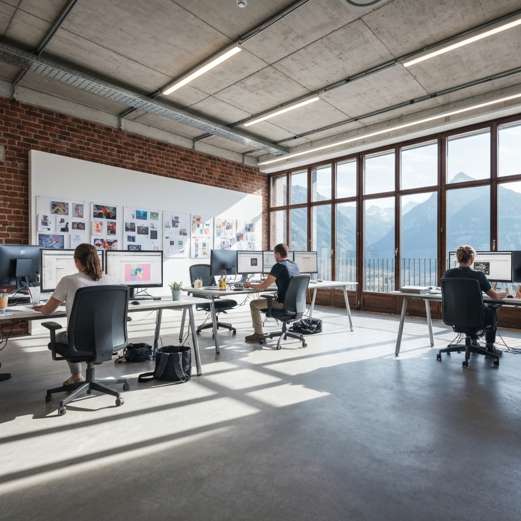 A bright, modern coworking space filled with natural light, graphic designers working on large monitors, mood boards on the walls, and a view of the Swiss Alps through large windows.