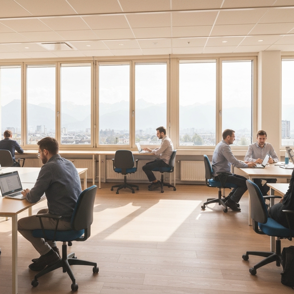 Modern, bright coworking space in Lausanne Flon district with diverse professionals collaborating, warm lighting, alps visible in distance through window