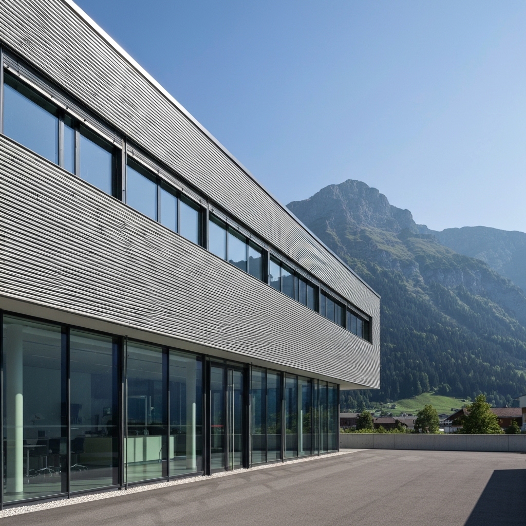 Modern office building in Switzerland with Swiss flag, representing prestige business address