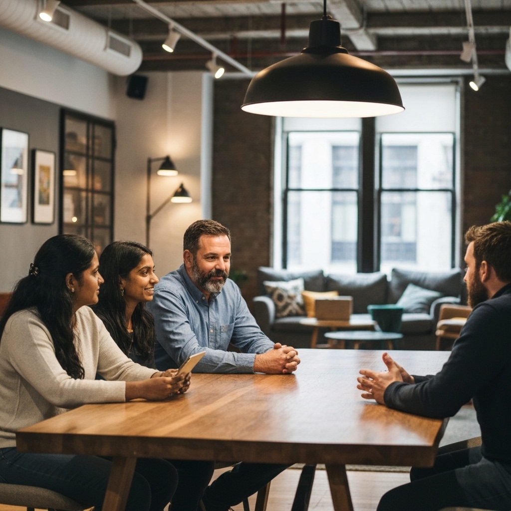 Espace communautaire Gotham chaleureux avec des entrepreneurs en discussion
