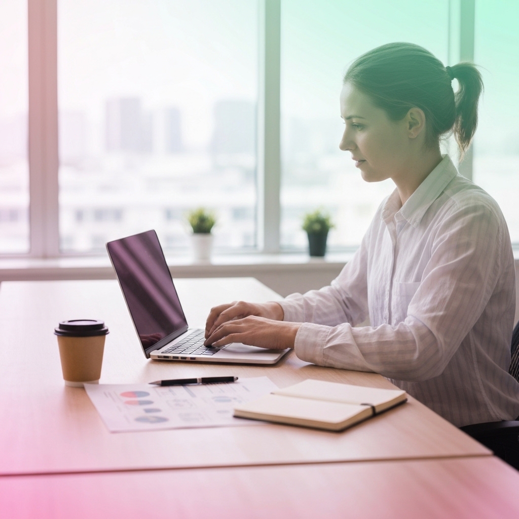 Professional entrepreneur working on laptop at modern coworking desk with coffee cup and notebook in bright natural lighting