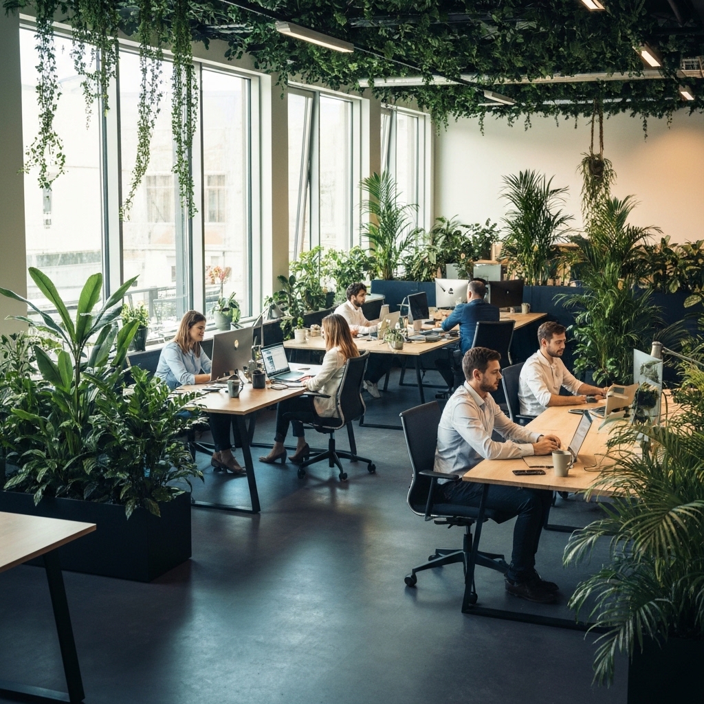 Modern coworking space with tropical jungle theme, professionals working at desks surrounded by lush green plants, natural light streaming through large windows, contemporary furniture in bright open layout