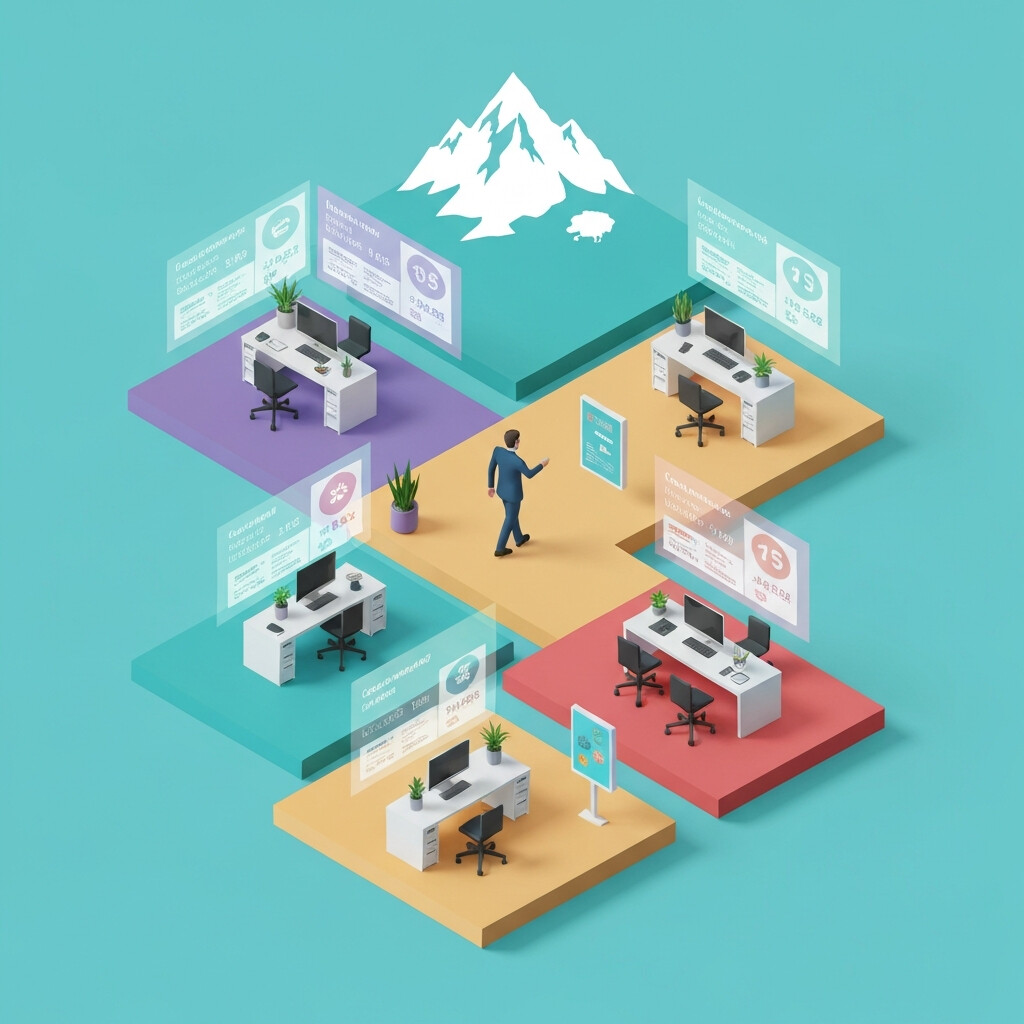 Guide isométrique des prix abonnement coworking suisse 2026: une personne navigue entre différents bureaux partagés pour comp