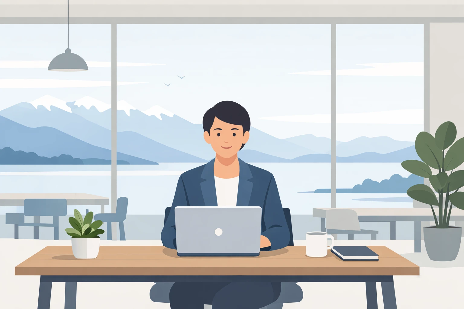 Illustration minimaliste d'un professionnel souriant dans un espace coworking moderne à Lausanne, vue sur le lac.