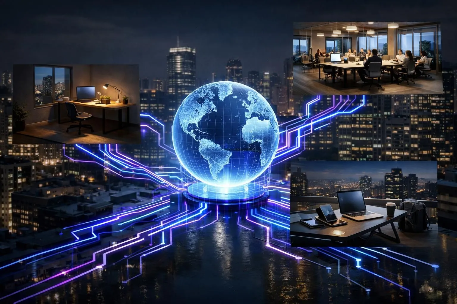 Image futuriste de solutions de travail hybride pour entreprises, chemins néon connectant bureau, domicile et mobile.