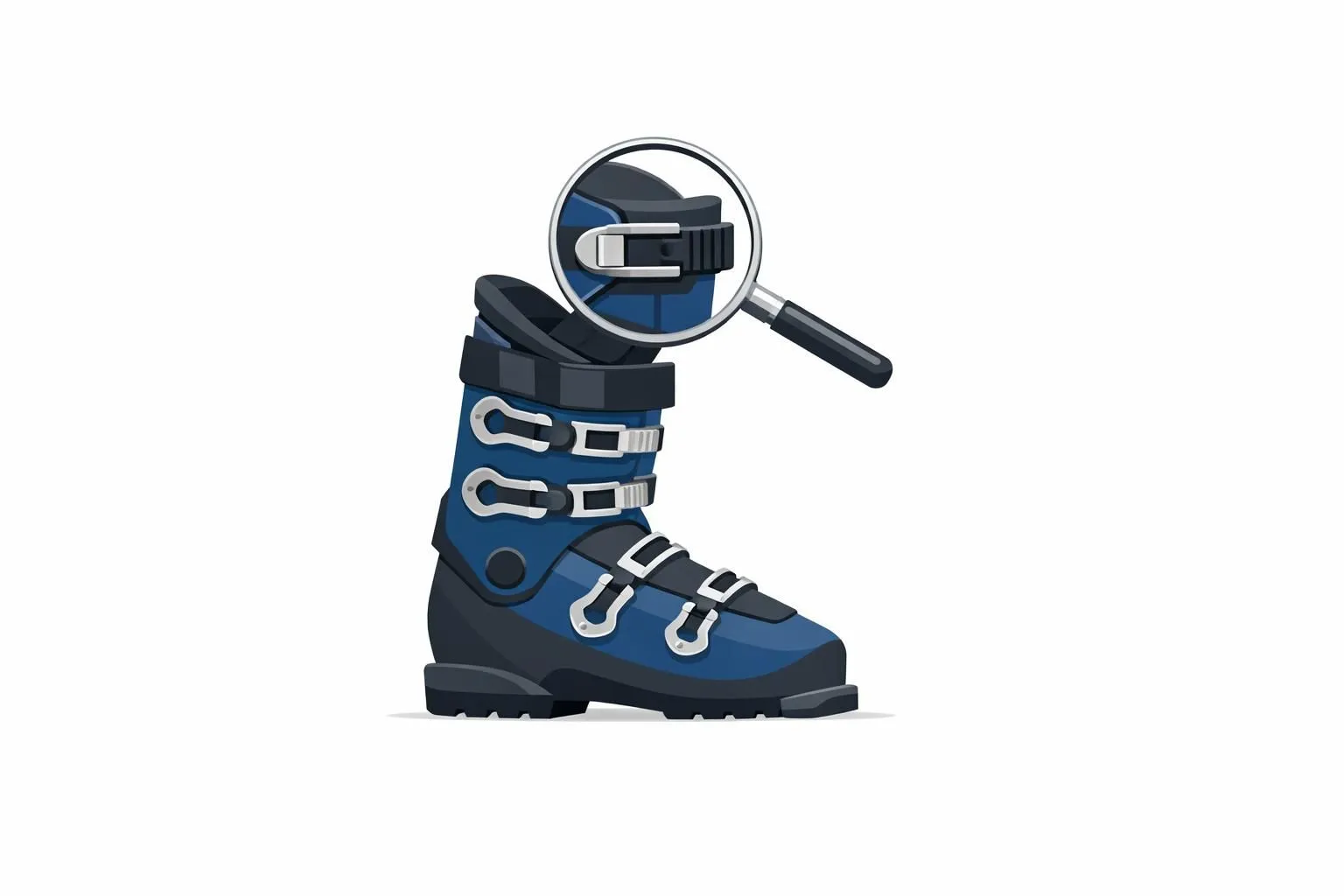 Illustration minimaliste d'une botte de ski moderne examinée à la loupe. Symbolise un avis détaillé du Gotham Ski Club.