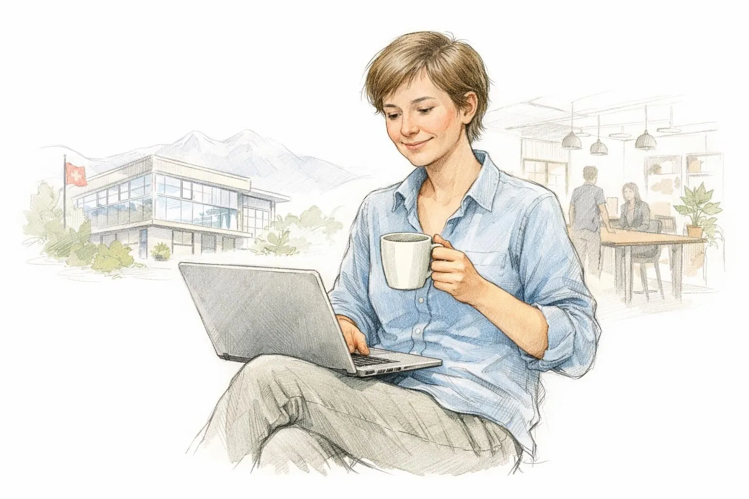 Pack coworking et domiciliation suisse: illustration amicale d'une personne souriante travaillant sur un ordinateur portable.