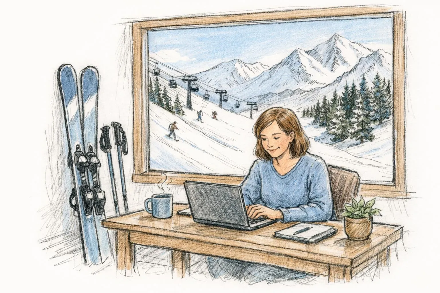 Un dessin de style esquisse montrant un espace de coworking à Verbier avec accès direct aux pistes de ski et vue sur montagne