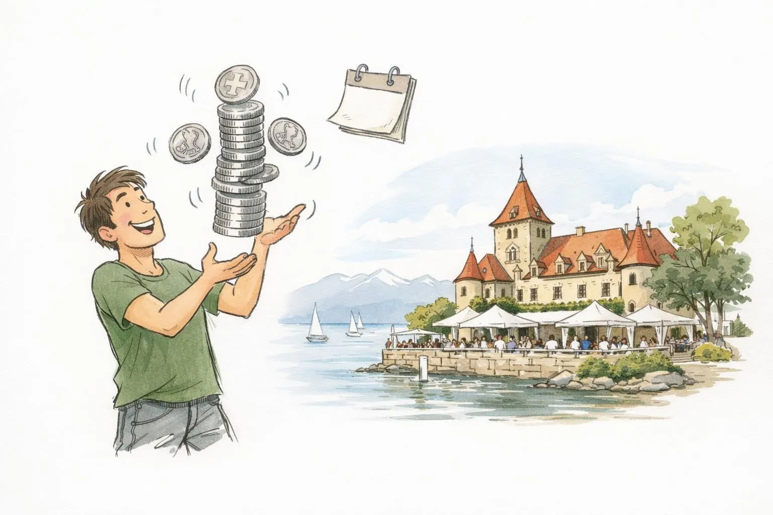 Tarifs location espace événement Lausanne 2026: illustration main d'une personne avec francs suisses et lieu d'événement.