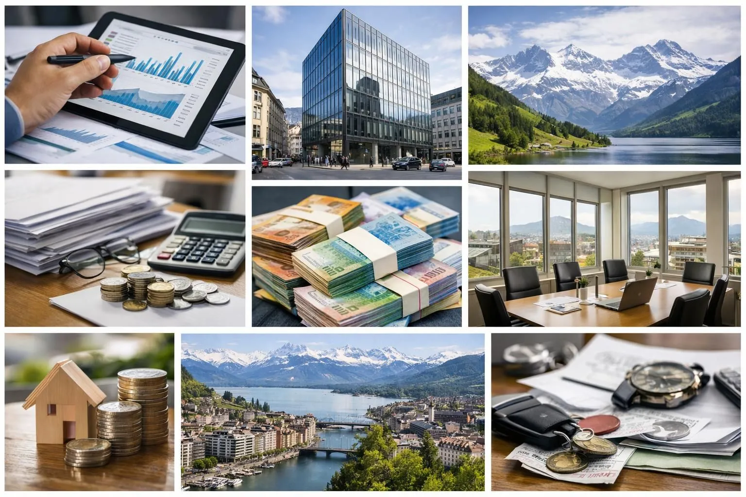 Collage: domiciliation fiscale entreprise suisse, prix 2026. Bâtiments, finances et paysages suisses.