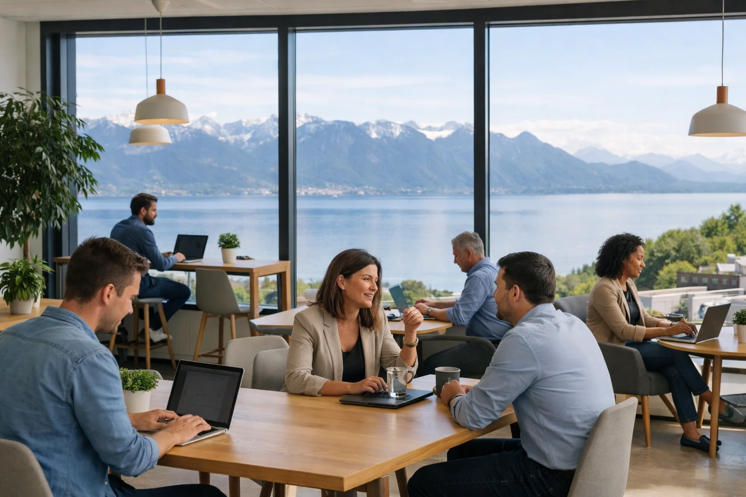 Modern coworking workspace in Lausanne showing diverse professionals working at shared desks with laptops, bright floor-to-ceiling windows overlooking Lake Geneva and Alps, contemporary Scandinavian furniture, plants, collaborative atmosphere, natural daylight, Swiss business environment