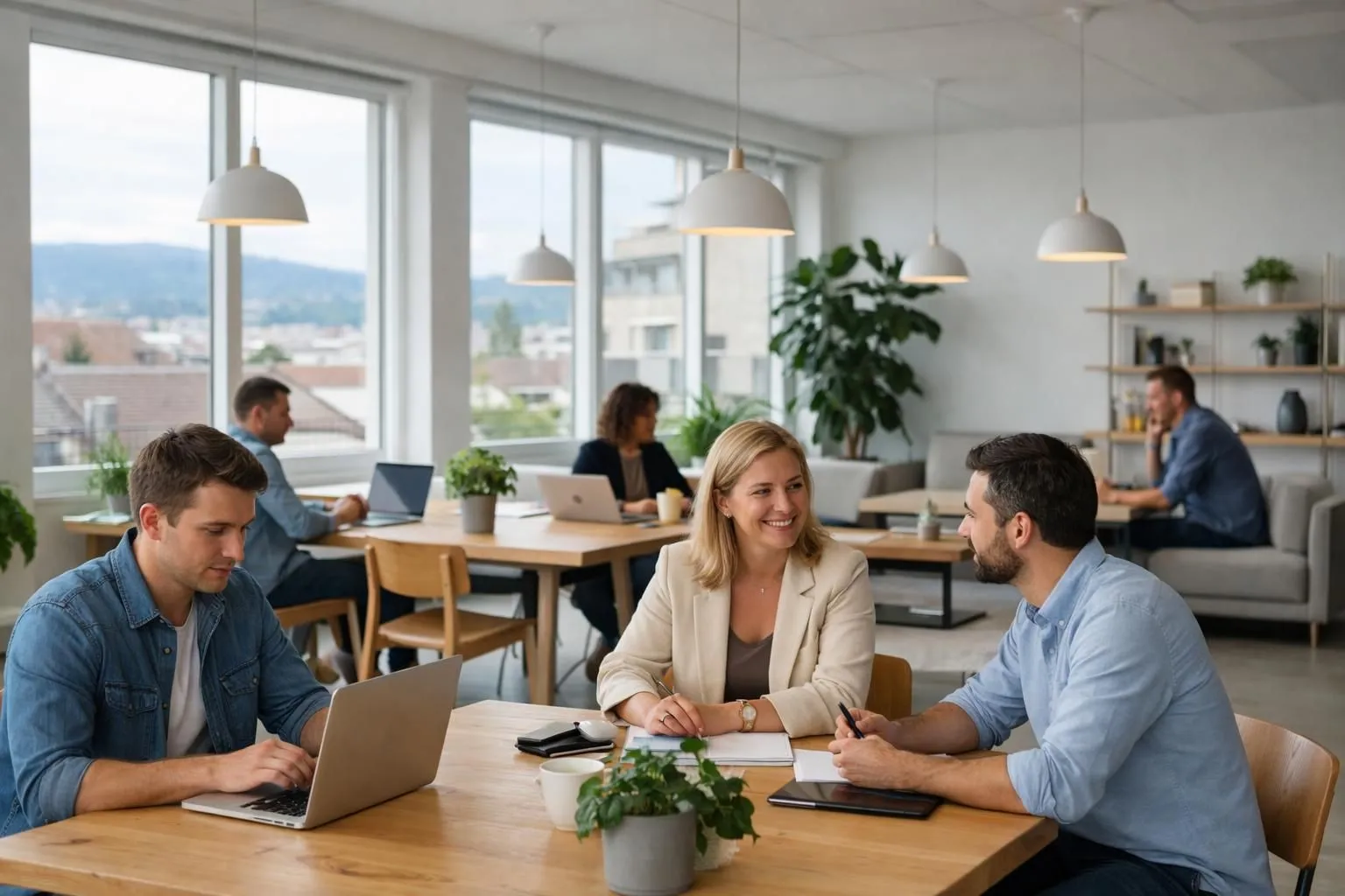 Modern open-plan coworking space in Lausanne featuring entrepreneurs working on laptops at wooden tables, abundant natural light streaming through large windows, indoor plants throughout the space, contemporary minimalist furniture, collaborative atmosphere with diverse professionals, bright and airy ambiance, Swiss design aesthetics