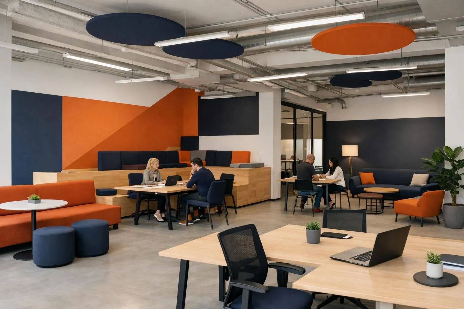 Modern coworking space interior in Lausanne Flon district showing flexible workstations with natural light, collaborative areas, and urban entrepreneurial atmosphere with professionals working at desks