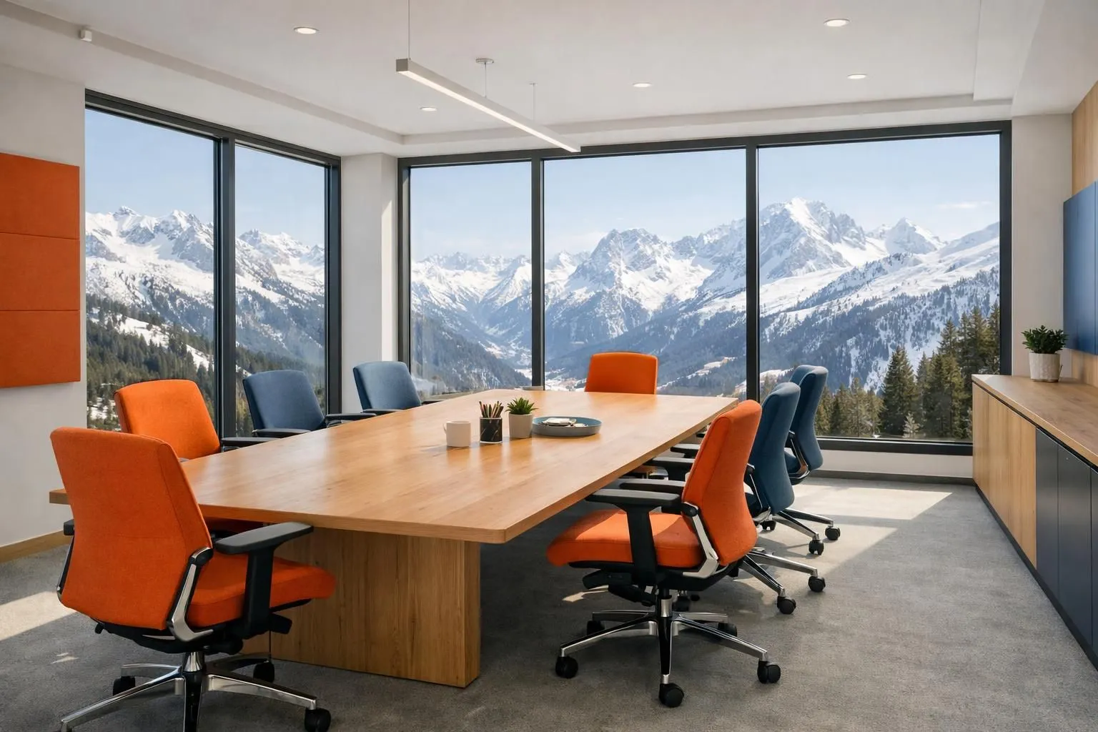 Modern conference room with floor-to-ceiling windows overlooking snowy Alpine peaks in Verbier, Switzerland. Professional workspace with wooden table, ergonomic chairs, and natural mountain light flooding the space. Contemporary coworking environment blending business functionality with mountain setting.
