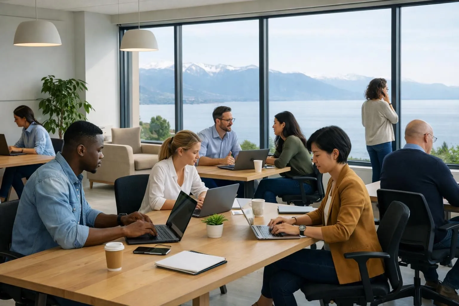 Modern bright coworking space in Lausanne showing diverse professionals working at flexible wooden desks, large windows with Lake Geneva view, minimalist Swiss design, natural daylight, collaborative atmosphere without any text or signage visible