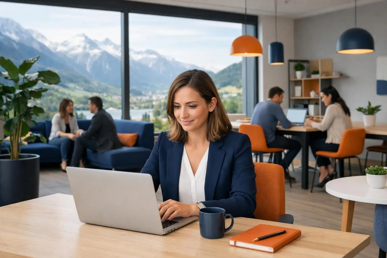 Professional woman working on laptop in modern Swiss coworking space with mountain view through windows, natural light, contemporary office furniture, plants, collaborative environment visible in background