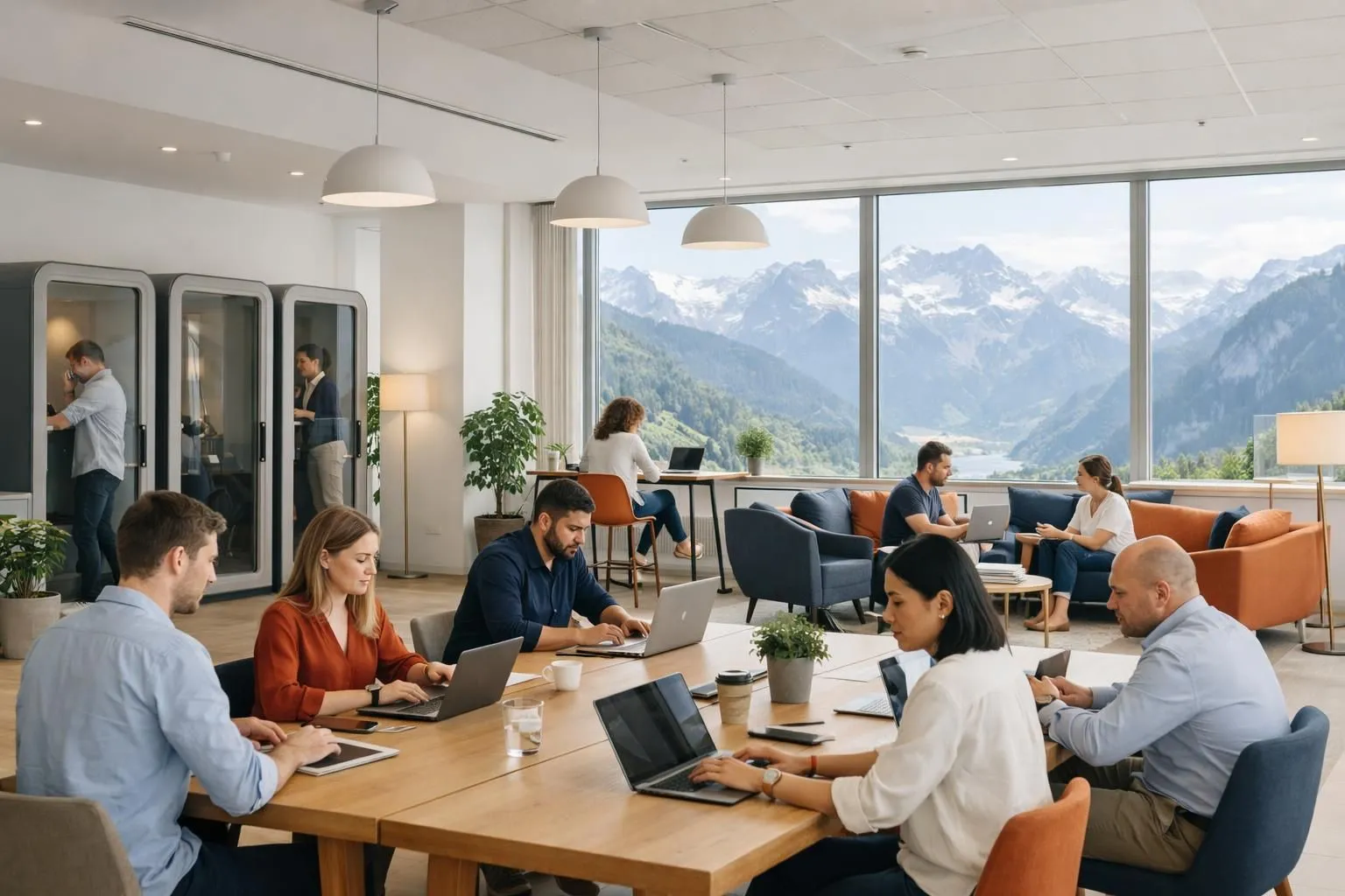 Bright modern coworking space interior with professionals working on laptops at shared wooden tables, large windows showing Swiss mountain peaks, multiple workspace zones visible including phone booths and lounge areas, natural daylight, warm atmosphere representing flexible work environment