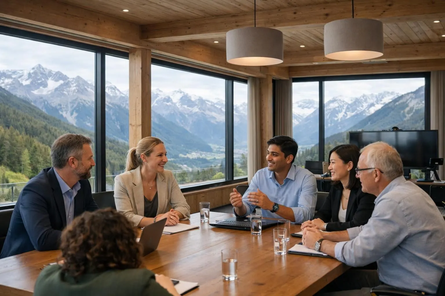 Modern alpine event space with entrepreneurs working at conference table near floor-to-ceiling windows showing mountain peaks, natural wood interior, professional lighting setup for hybrid meetings, coworking atmosphere in Verbier setting