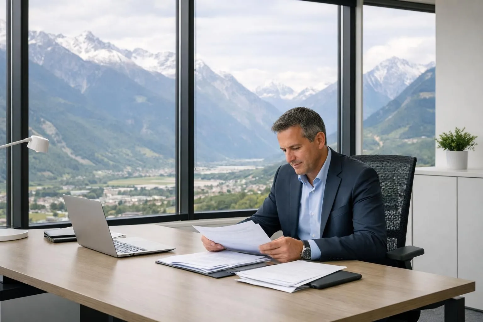 Swiss entrepreneur consulting documents at modern workspace desk with mountain Alps view through large windows, professional business setting in Martigny region with minimalist office furniture and natural lighting