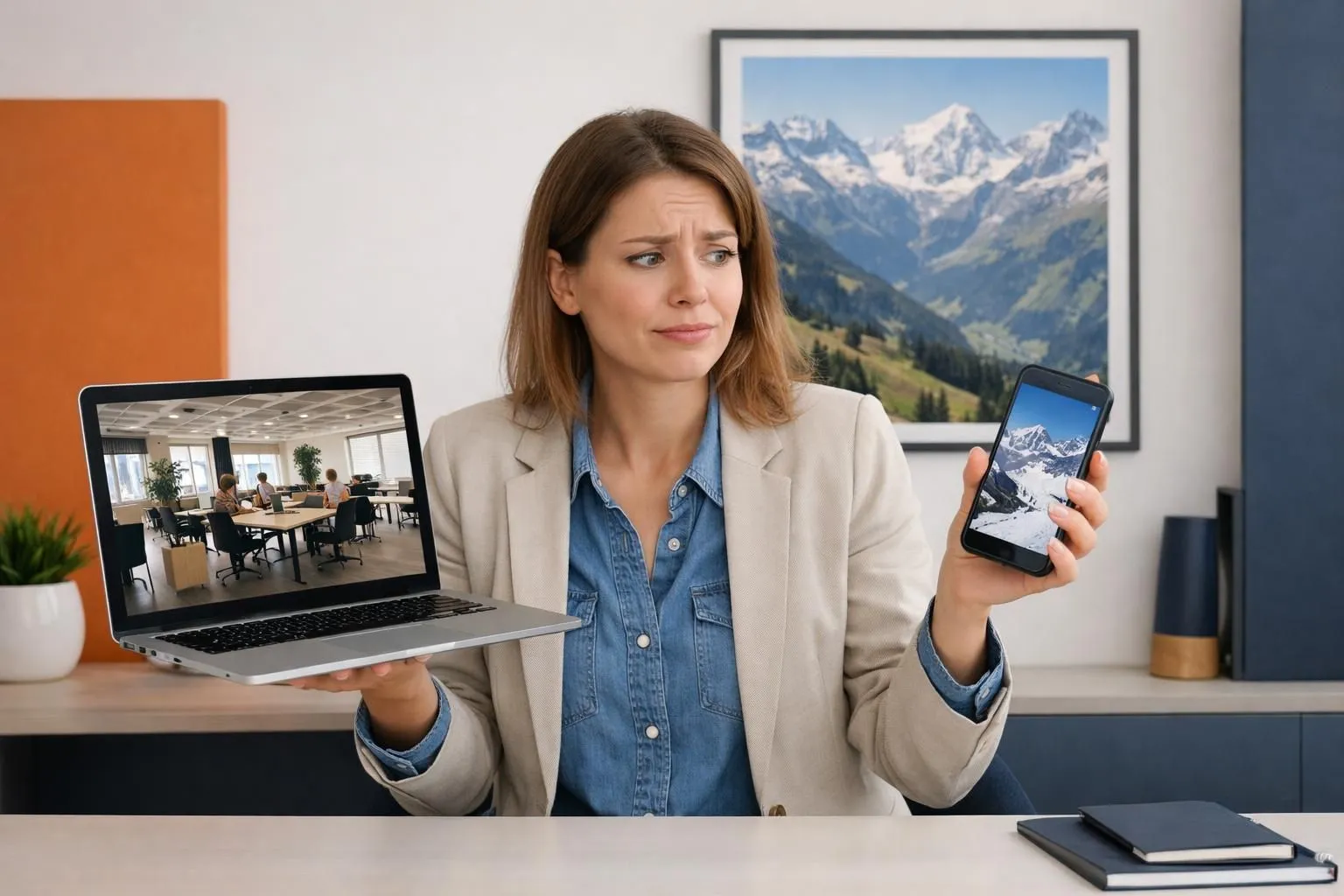 Professional wearing business casual attire looking puzzled while comparing laptop screen showing coworking space and smartphone displaying ski resort information, modern minimalist office background with Swiss Alps poster visible on wall