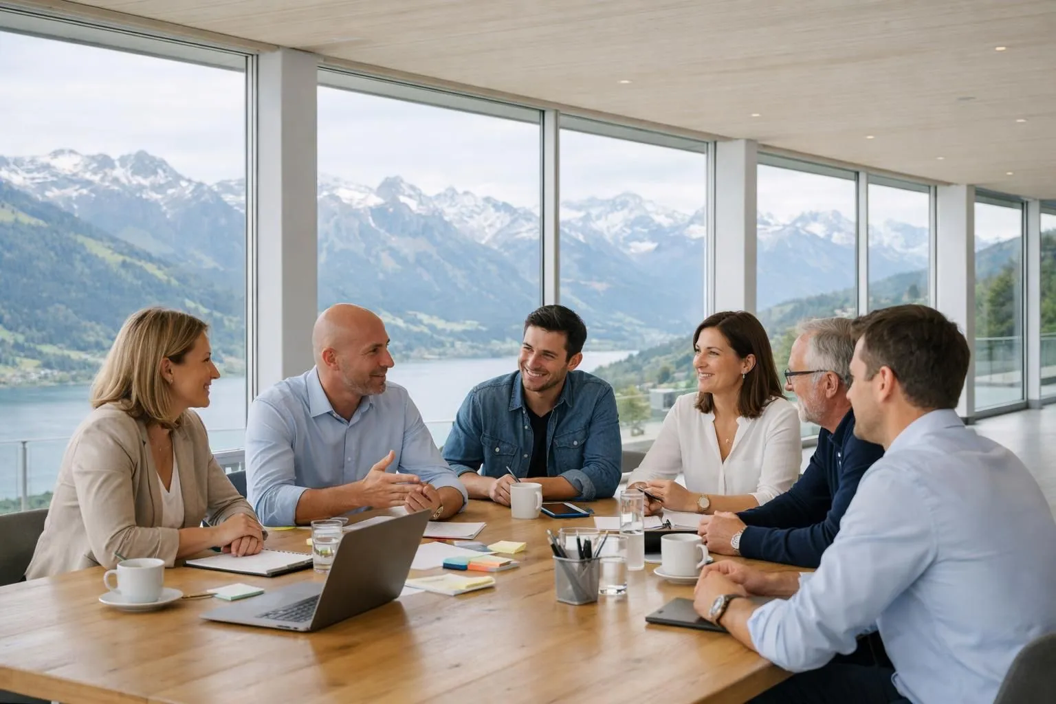 Corporate team brainstorming in a modern glass-walled conference room with panoramic Swiss Alpine mountain views, collaborative work atmosphere with people engaged around a wooden table, natural daylight flooding the space, professional yet relaxed setting in a unique mountain venue
