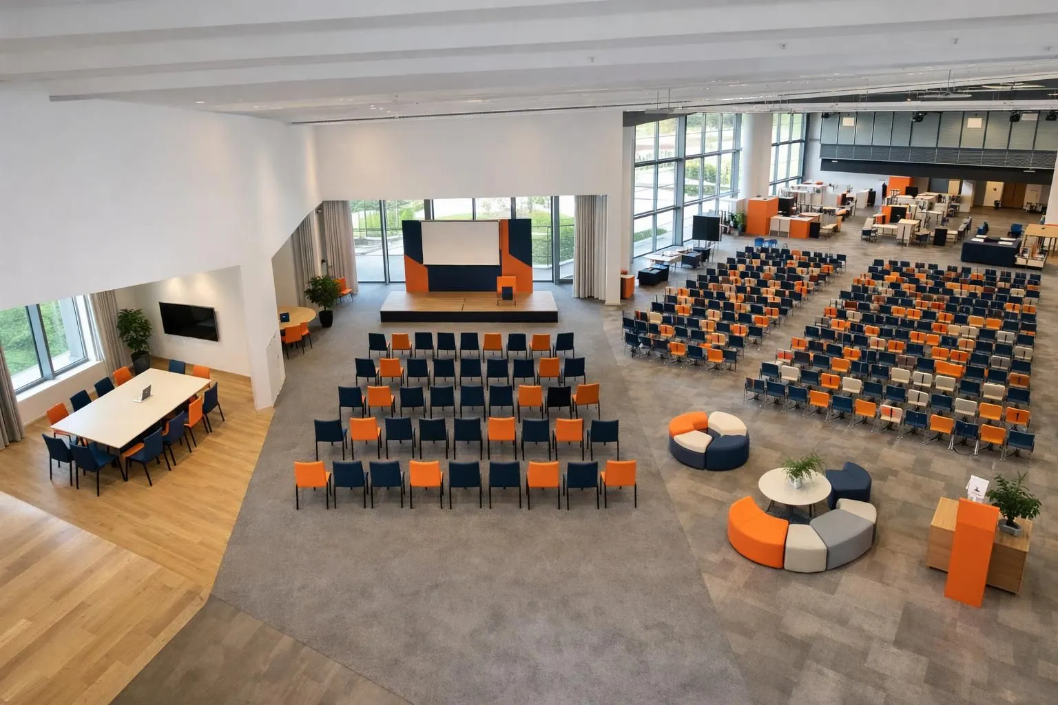 Aerial view of diverse event spaces in Lausanne showing size comparison: small meeting room with 10 chairs, medium conference hall with 50 seats, and large exhibition space with 200+ capacity, natural lighting through windows, modern furniture arrangement, no text or signage visible