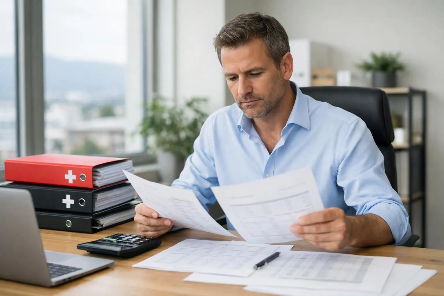 Professional entrepreneur comparing pricing documents and spreadsheets at modern desk with calculator and Swiss business folders, realistic office setting with natural lighting showing decision-making process for business domiciliation