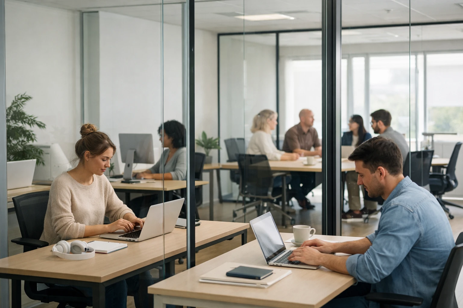Modern coworking space interior in Switzerland showing diverse workspace options: hot desks in open area with professionals working on laptops, enclosed private offices visible through glass partitions, meeting room in background, contemporary Swiss design with natural light, professionals in business casual attire, collaborative and focused atmosphere, no text or signage visible