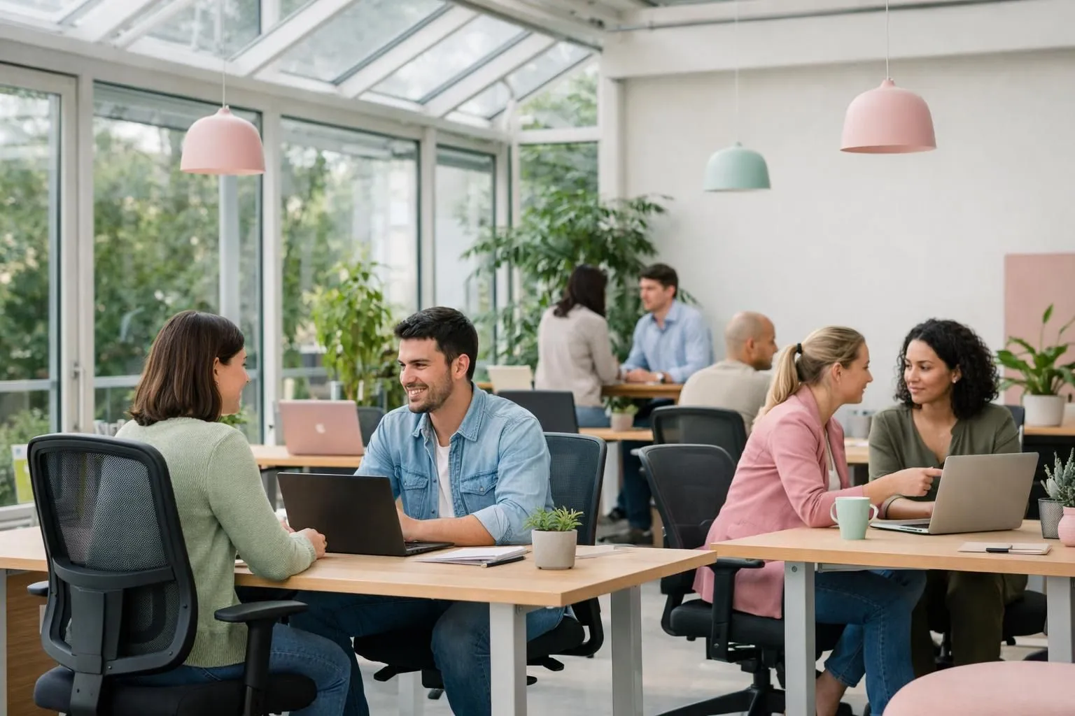 Modern coworking flexible workspace with multiple workstations, ergonomic chairs, people collaborating at shared tables, natural daylight through windows, plants, and contemporary office setup in La Serre coworking Lausanne