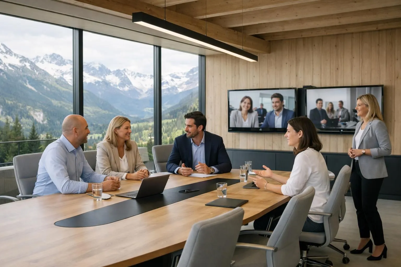 Modern conference room in an alpine setting with large windows showing mountain views, professional video conferencing screens, sleek conference table with ergonomic chairs, high-tech audiovisual equipment, minimalist design combining wood and metal elements, bright natural lighting from snow-covered peaks visible outside, wireless presentation system, business professionals in discussion
