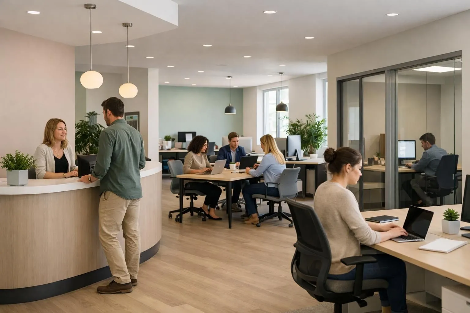 Modern Swiss coworking space interior showing multiple workspace configurations - a reception desk area, hot desking open space with shared tables, dedicated workstations with privacy screens, and a private office with glass walls, natural lighting, contemporary furniture, professionals working on laptops, clean minimalist design reflecting Lausanne business environment