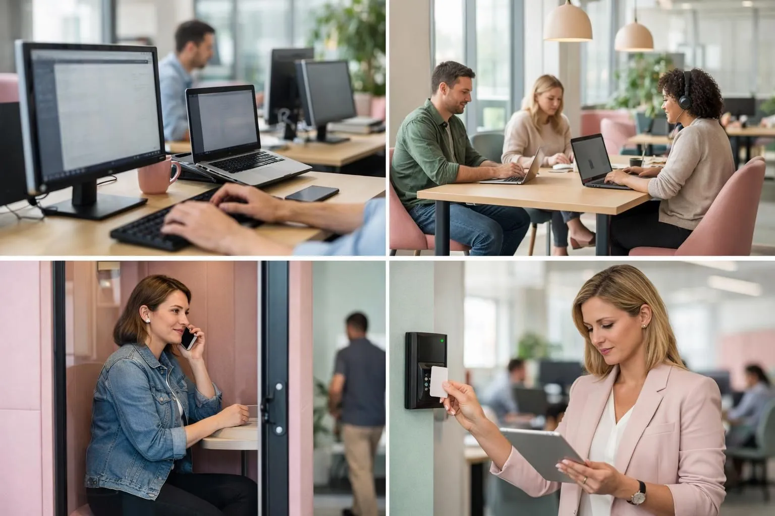Modern office environment showing five distinct workspace zones: technology setup with multiple screens, flexible coworking desks with laptops, private phone booth, HR manager reviewing documents on tablet, and secure access control system, all in contemporary professional setting with natural lighting