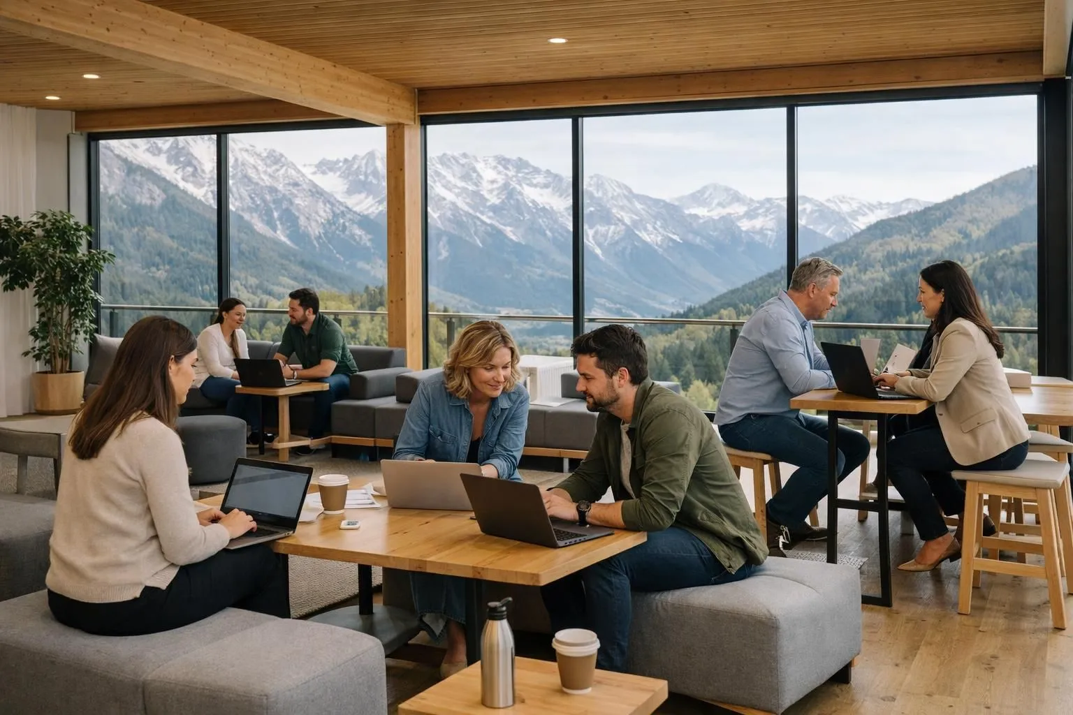 Modern alpine event space with modular furniture configurations, business professionals collaborating around tables with mountain views through floor-to-ceiling windows, natural wood interior, laptop screens showing presentations, no text or labels visible