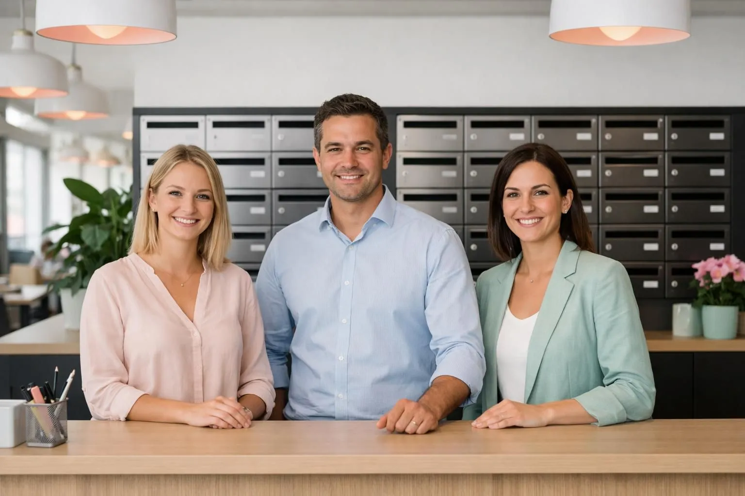 Modern Swiss business reception desk with organized mailboxes and professional staff handling correspondence in a contemporary coworking space, showcasing premium domiciliation services in Martigny, natural lighting, real estate and business services context
