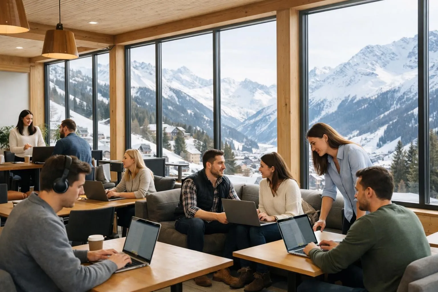Modern open-plan coworking space in Swiss mountain resort with professionals working on laptops at wooden desks, floor-to-ceiling windows showing snowy Alpine peaks, contemporary design with natural light, warm wood accents and collaborative atmosphere