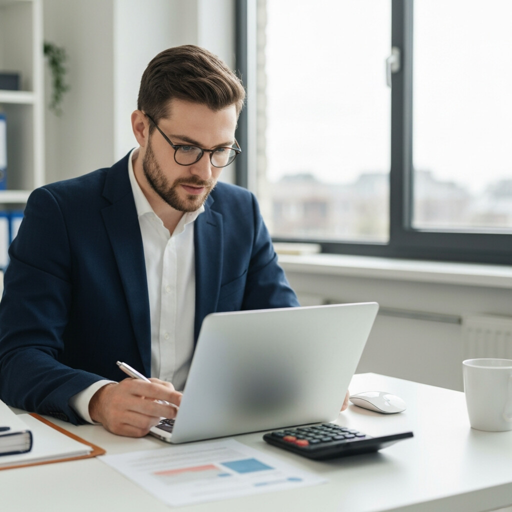 Professional entrepreneur reviewing detailed coworking contract on laptop with calculator and paperwork showing hidden fees in modern Swiss office, concerned expression, realistic lighting