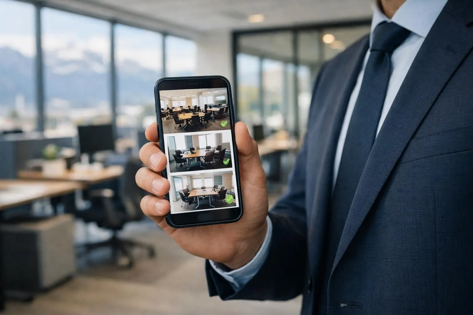 Business professional holding smartphone displaying coworking space booking interface with available desks and meeting rooms on screen, modern Swiss office environment visible in background, natural lighting, realistic photo style