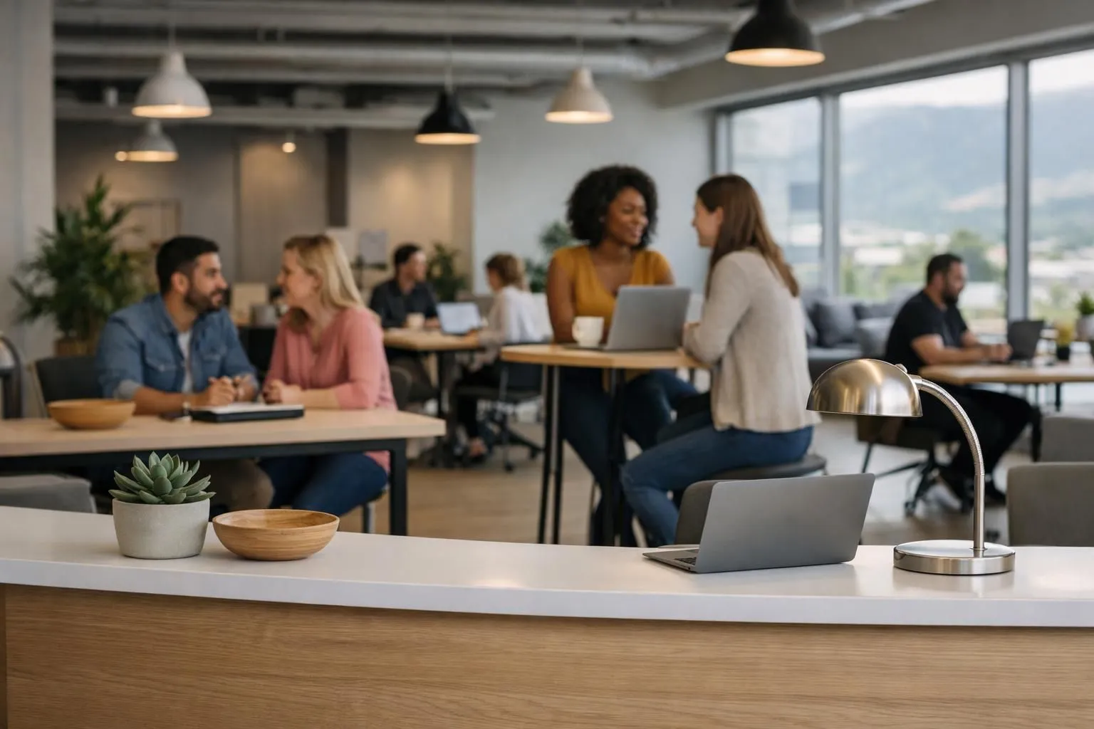 Modern office reception desk with business professionals reviewing documents, showing four distinct workspace zones from minimal desk area to premium executive suite in Martigny coworking environment