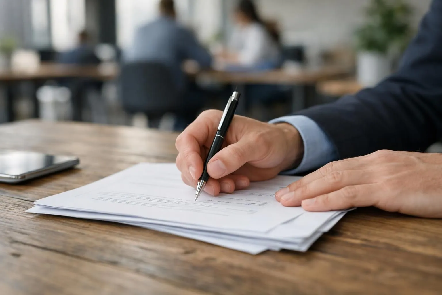 Diverse group of entrepreneurs and freelancers working together around modern wooden table in bright coworking space, laptops open, discussing business strategy with documents, natural light from large windows, collaborative professional atmosphere
